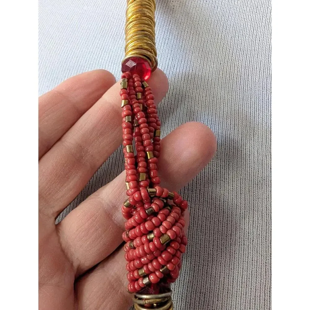 African Necklace Long Beaded Gold Wrapped Red Statement Necklace Jewelry